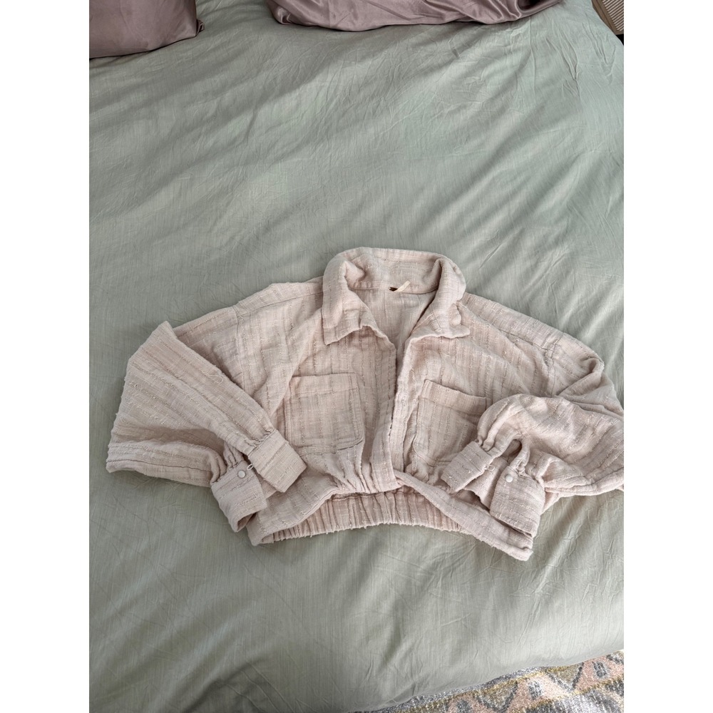 Free People Cropped Jacket Top Collared Button Down Shirt Blouse‎ Cream XL